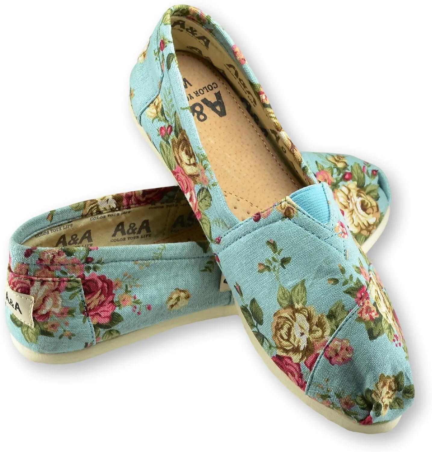 A&A Vegan Women's Floral Black Slip-on Casual Flats Canvas Shoes Alpargatas (Romantic)