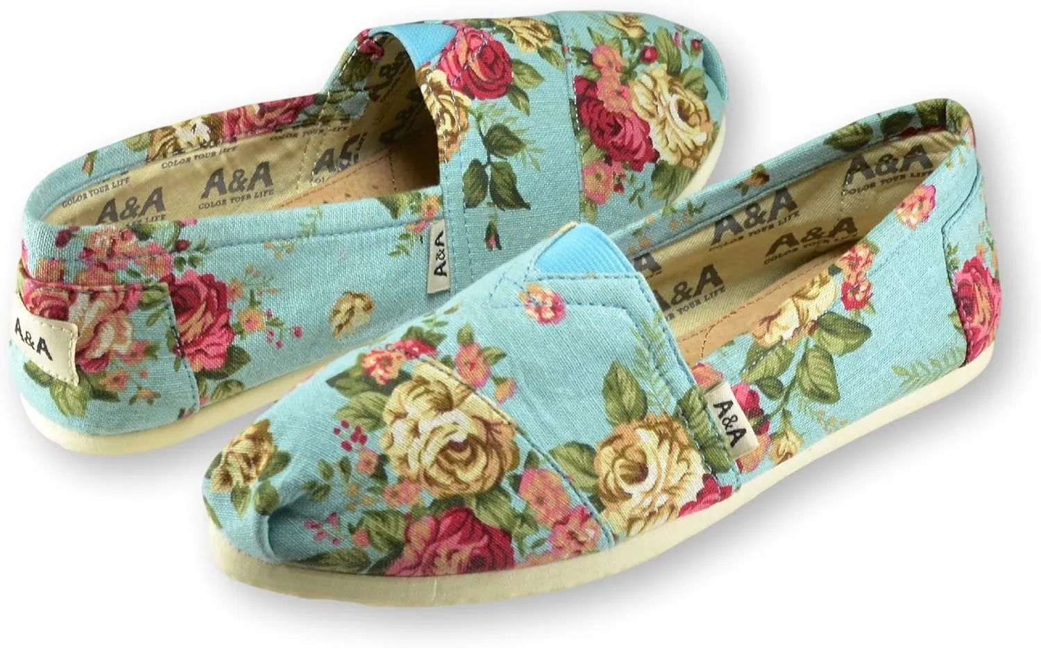 A&A Vegan Women's Floral Black Slip-on Casual Flats Canvas Shoes Alpargatas (Romantic)