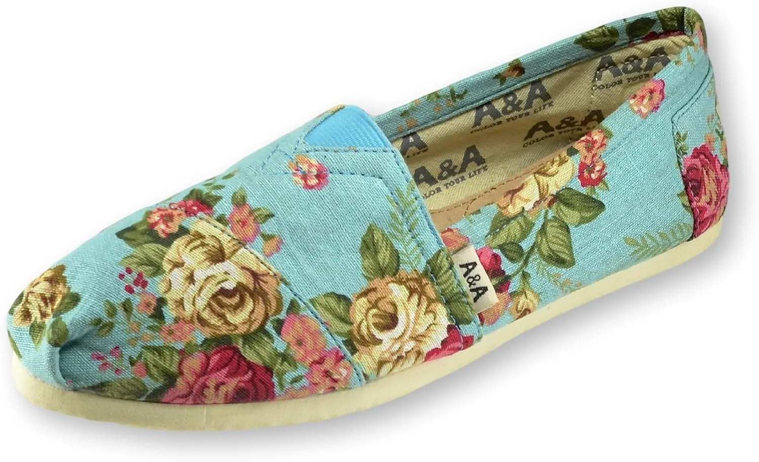 A&A Vegan Women's Floral Black Slip-on Casual Flats Canvas Shoes Alpargatas (Romantic)