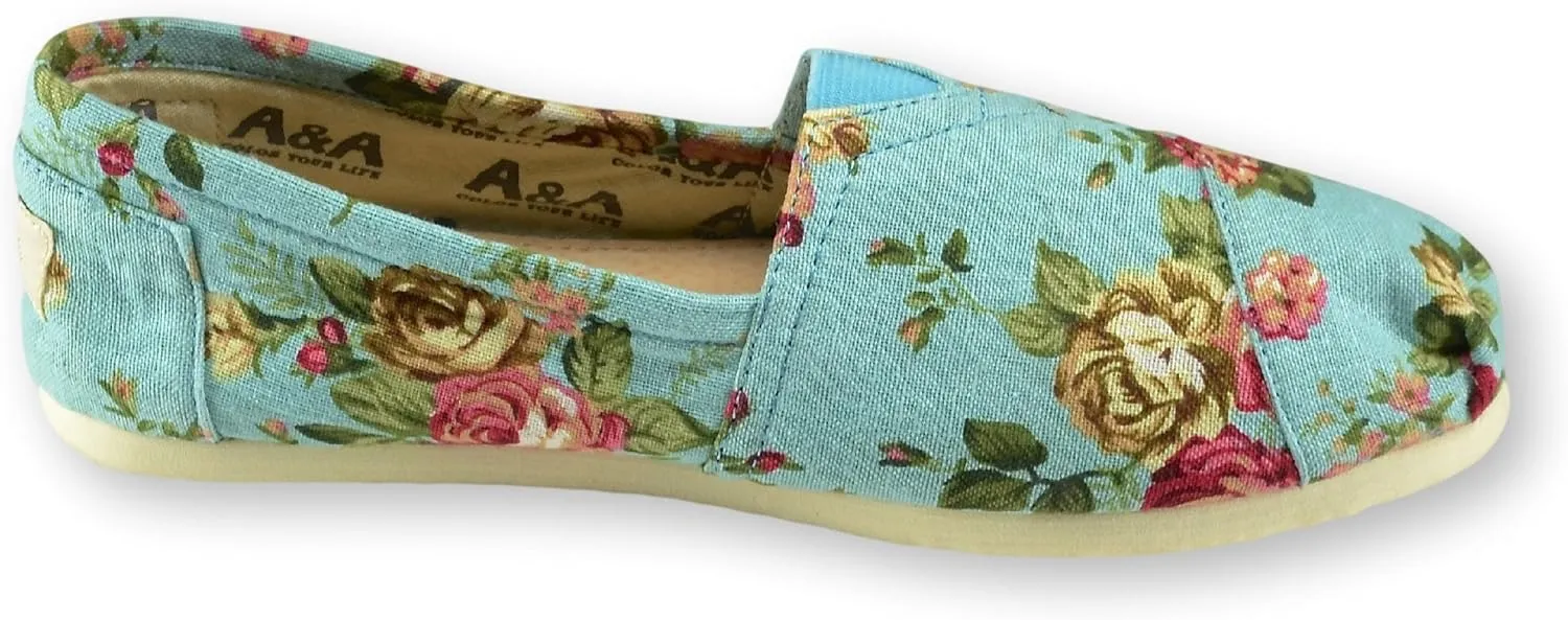 A&A Vegan Women's Floral Black Slip-on Casual Flats Canvas Shoes Alpargatas (Romantic)
