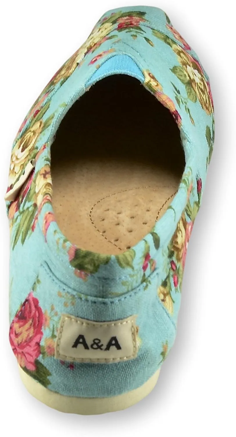 A&A Vegan Women's Floral Black Slip-on Casual Flats Canvas Shoes Alpargatas (Romantic)