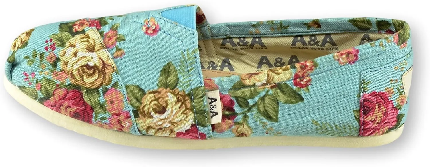 A&A Vegan Women's Floral Black Slip-on Casual Flats Canvas Shoes Alpargatas (Romantic)