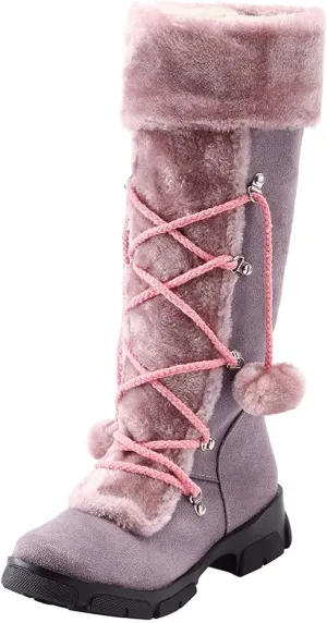 AMDBEL Boots for Women Fashion Dressy, Knee High Boots Women Warm Snow Boots Round Toe Zipper Shoes Heels Hairball Boots