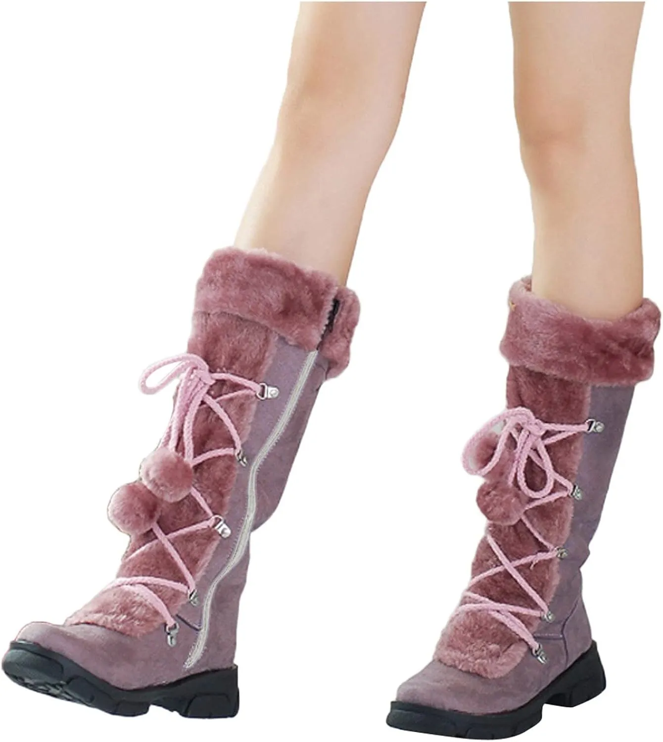 AMDBEL Boots for Women Fashion Dressy, Knee High Boots Women Warm Snow Boots Round Toe Zipper Shoes Heels Hairball Boots