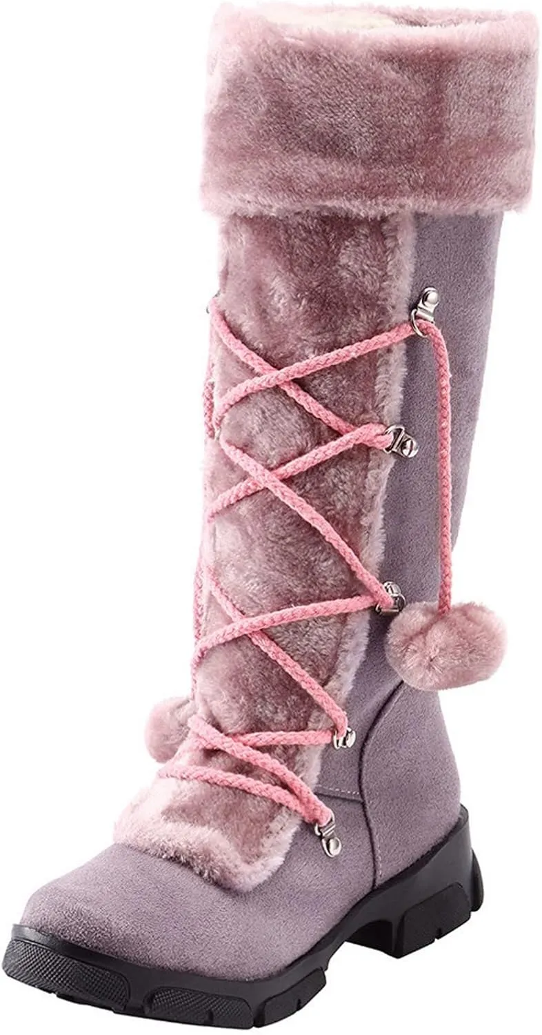 AMDBEL Boots for Women Fashion Dressy, Knee High Boots Women Warm Snow Boots Round Toe Zipper Shoes Heels Hairball Boots