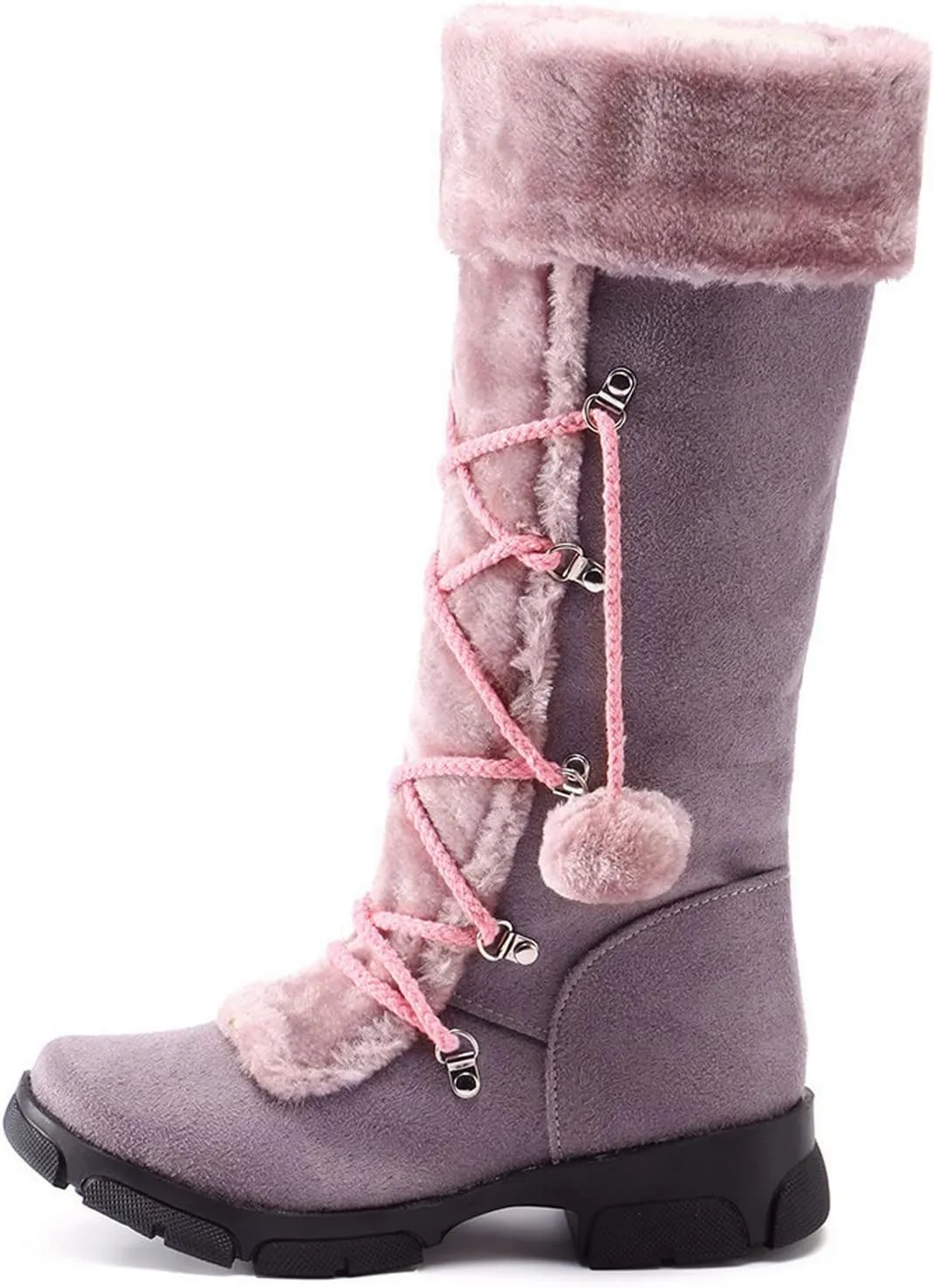 AMDBEL Boots for Women Fashion Dressy, Knee High Boots Women Warm Snow Boots Round Toe Zipper Shoes Heels Hairball Boots