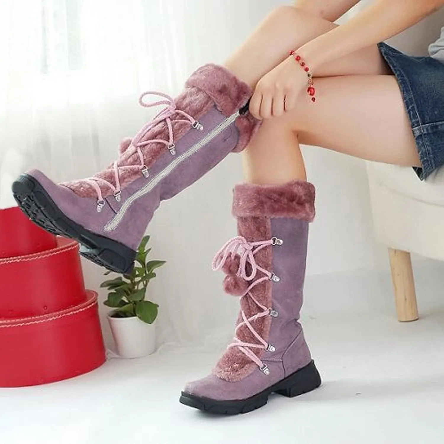 AMDBEL Boots for Women Fashion Dressy, Knee High Boots Women Warm Snow Boots Round Toe Zipper Shoes Heels Hairball Boots