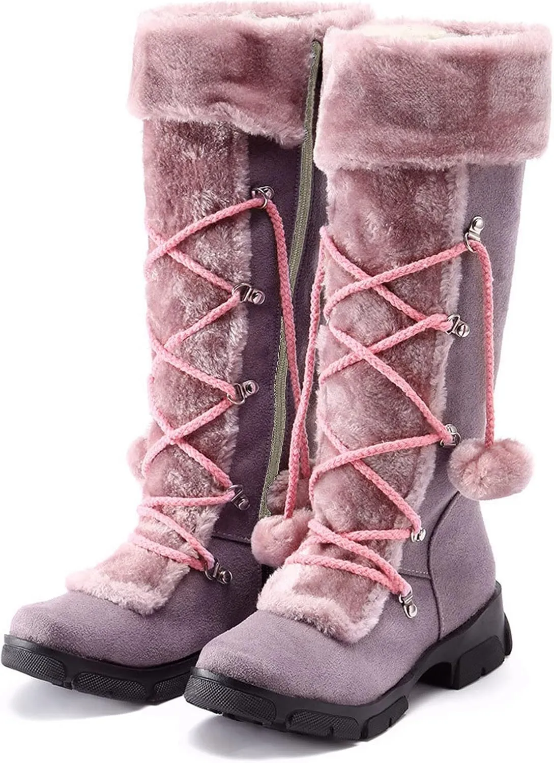 AMDBEL Boots for Women Fashion Dressy, Knee High Boots Women Warm Snow Boots Round Toe Zipper Shoes Heels Hairball Boots