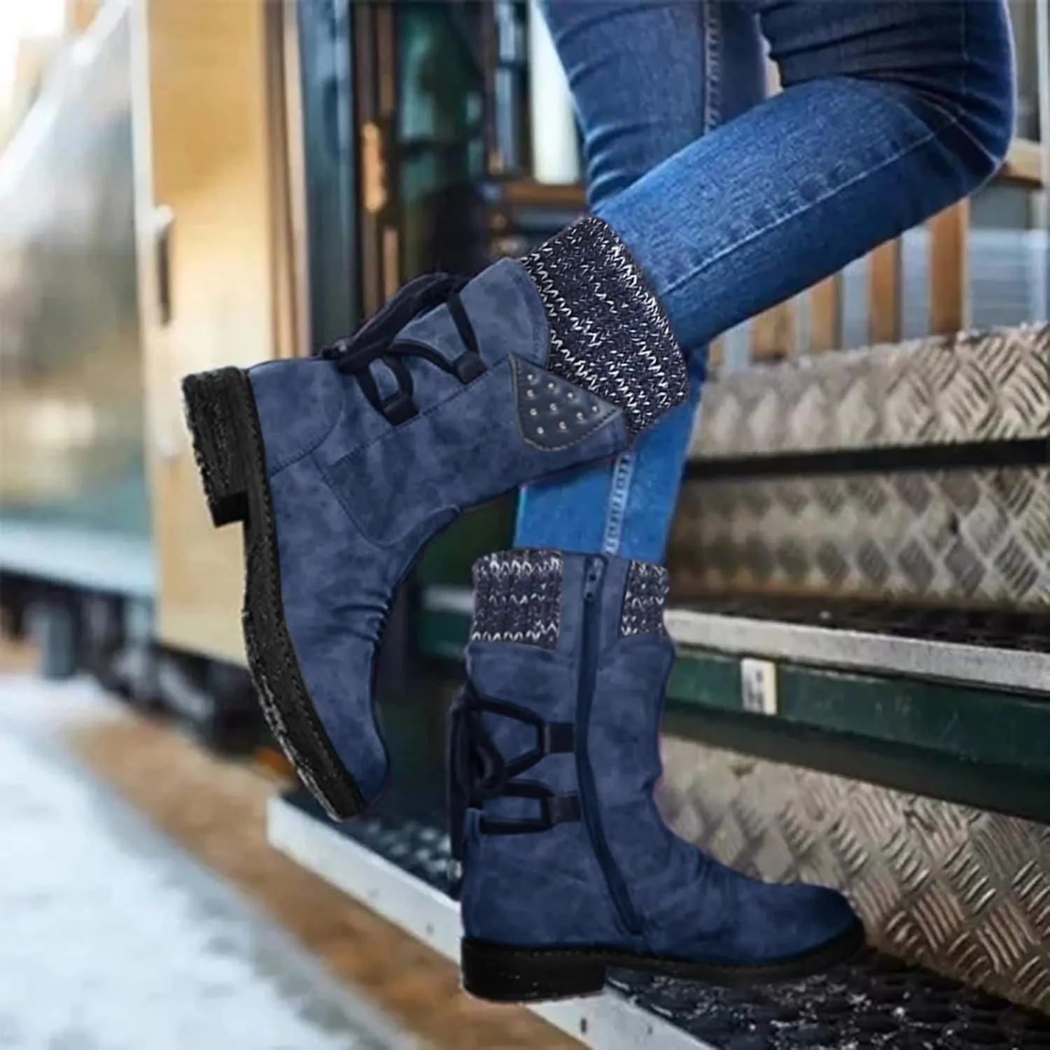 AMDBEL Boots for Women Fashion Dressy, Snow Boots for Women Fur Lined Round Toe Boots Square Heel Outdoor Mid Calf Boots