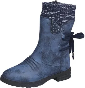 AMDBEL Boots for Women Fashion Dressy, Snow Boots for Women Fur Lined Round Toe Boots Square Heel Outdoor Mid Calf Boots