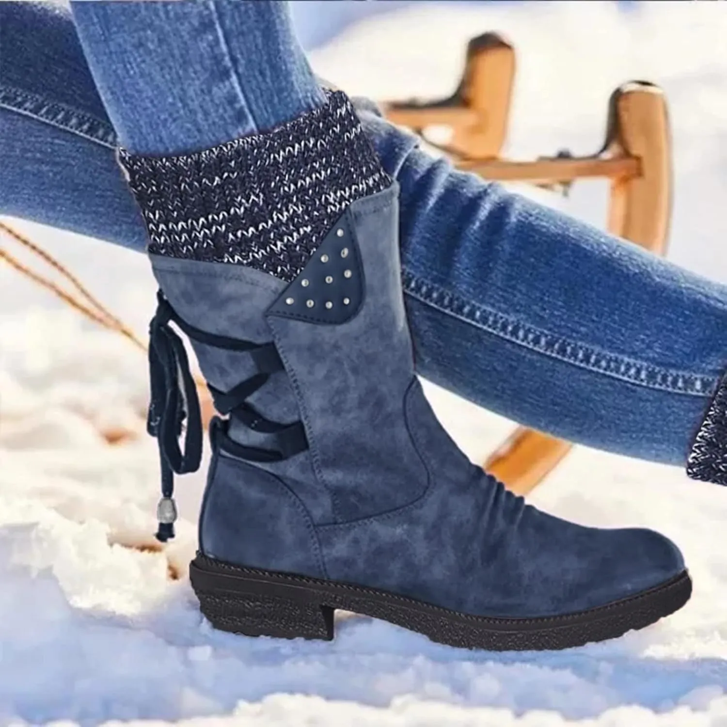AMDBEL Boots for Women Fashion Dressy, Snow Boots for Women Fur Lined Round Toe Boots Square Heel Outdoor Mid Calf Boots