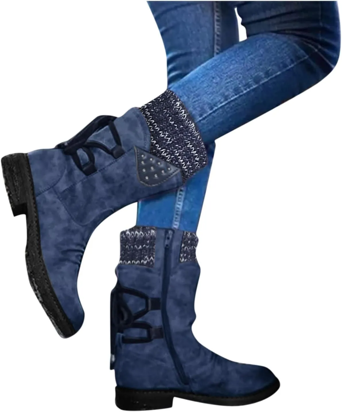 AMDBEL Boots for Women Fashion Dressy, Snow Boots for Women Fur Lined Round Toe Boots Square Heel Outdoor Mid Calf Boots