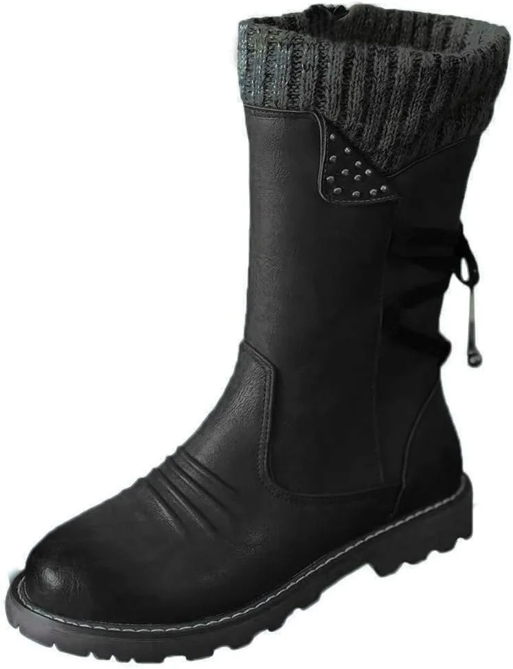AMDBEL Fall Boots for Women 2023 Cowboy Boots,Vintage Knee High Boots Lace Up Boots Chunky Heels Retro Gothic Mid Calf Boots