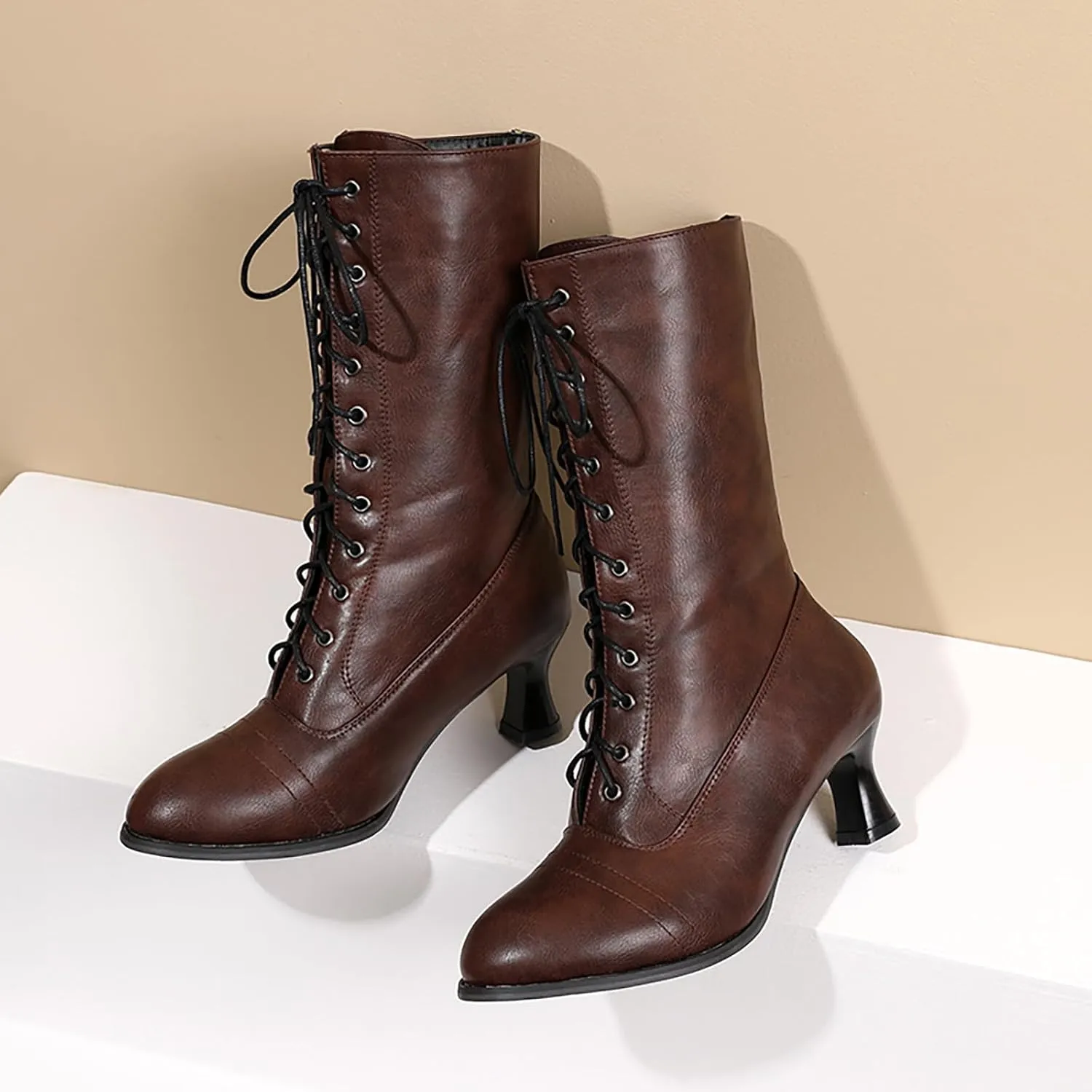 AMDBEL Fall Boots for Women 2023 Cowboy Boots,Vintage Knee High Boots Lace Up Boots Chunky Heels Retro Gothic Mid Calf Boots