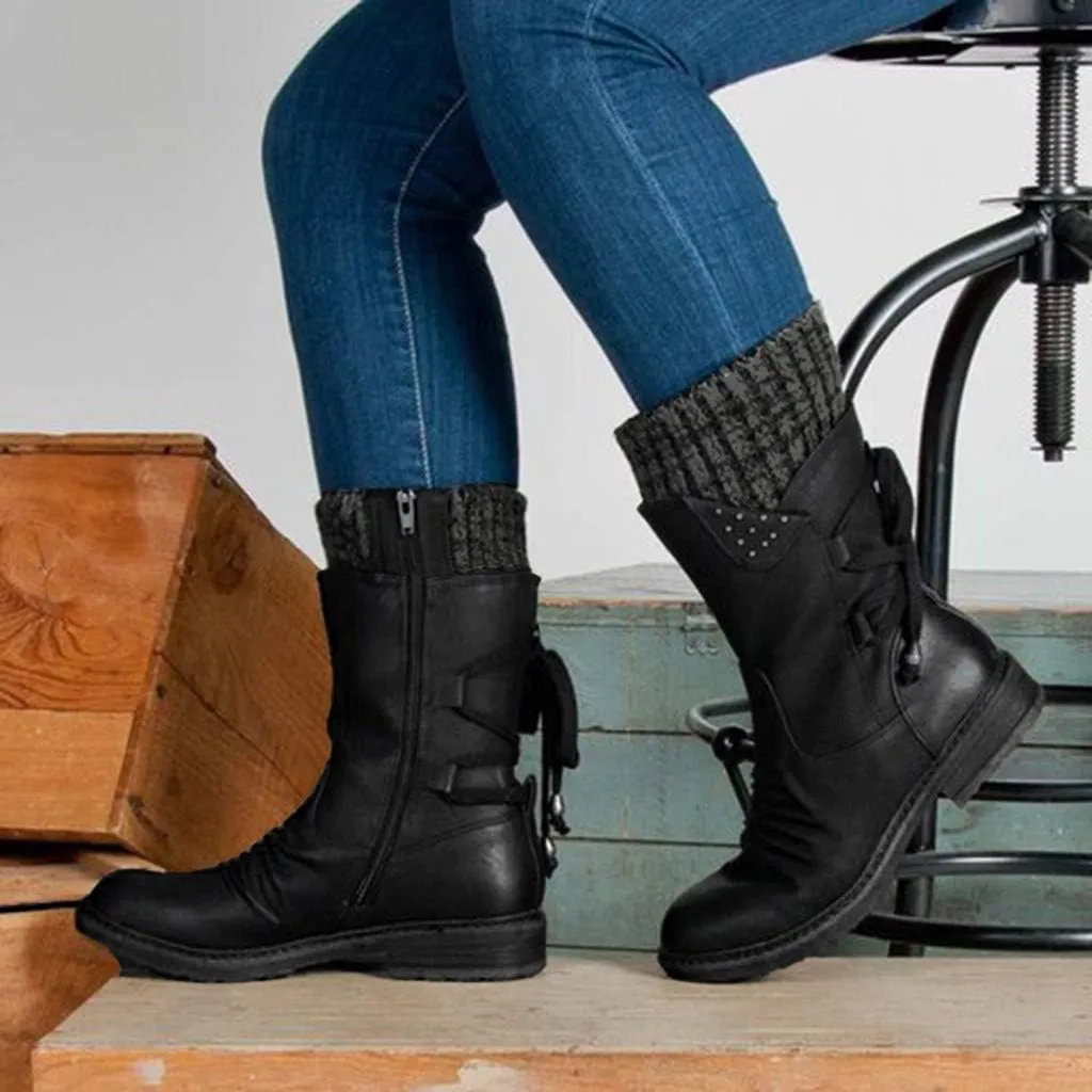AMDBEL Fall Boots for Women 2023 Cowboy Boots,Vintage Knee High Boots Lace Up Boots Chunky Heels Retro Gothic Mid Calf Boots