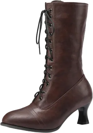 AMDBEL Fall Boots for Women 2023 Cowboy Boots,Vintage Knee High Boots Lace Up Boots Chunky Heels Retro Gothic Mid Calf Boots