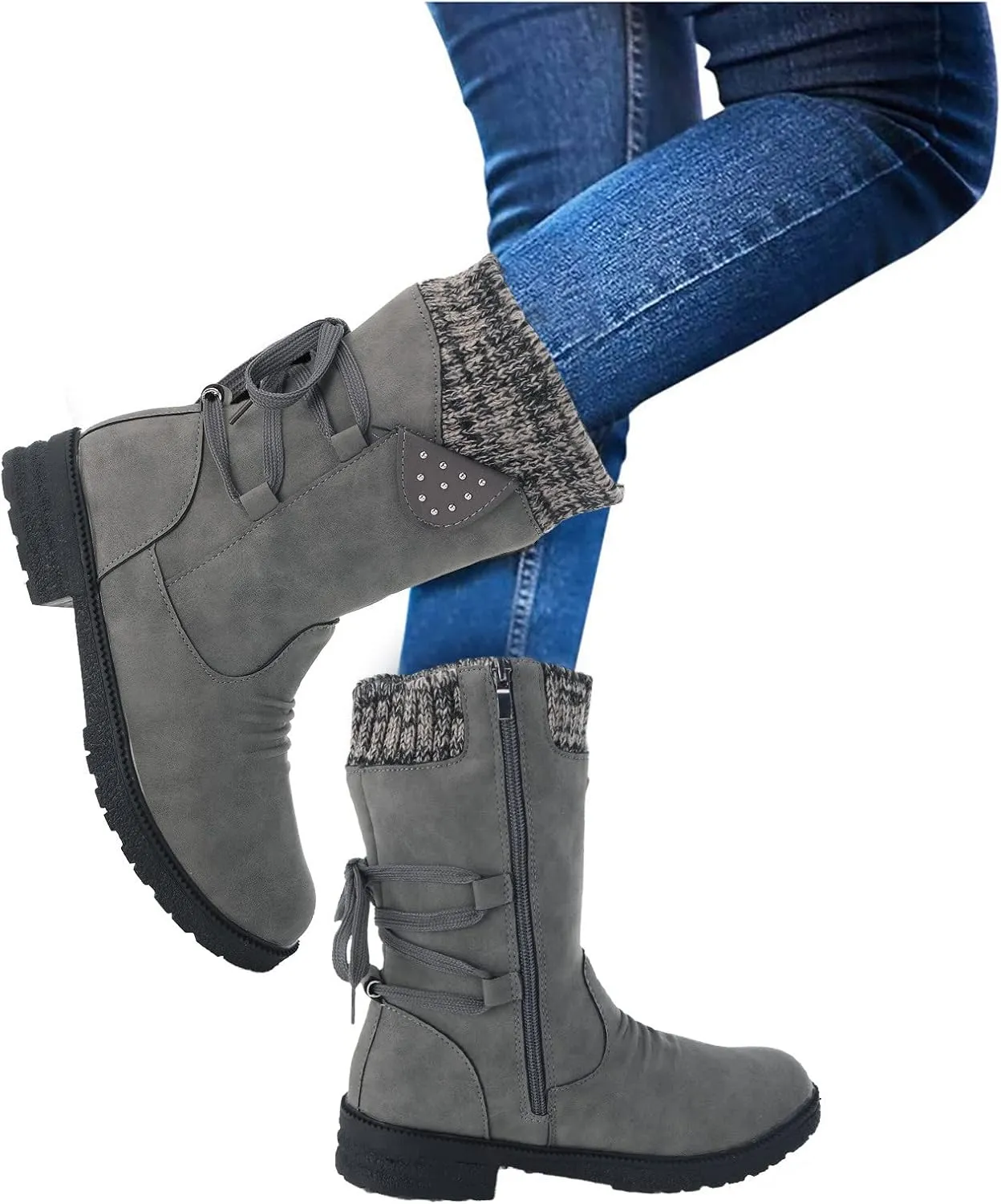 AMDBEL Fall Boots for Women 2023 Cowboy Boots,Vintage Knee High Boots Lace Up Boots Chunky Heels Retro Gothic Mid Calf Boots