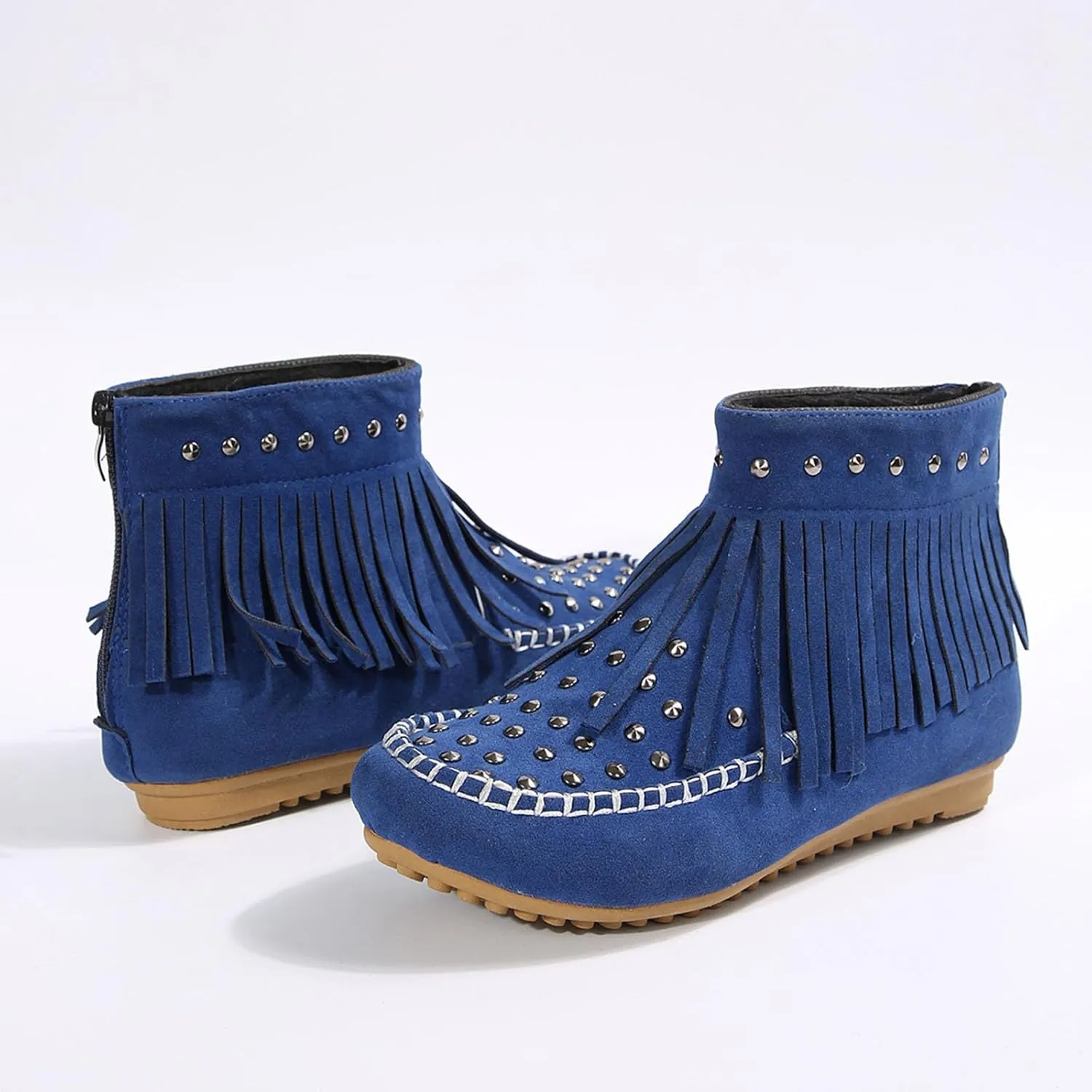 Ankle Boots for Women Flat Side Zip Vintage Womens Cowboy Boots Round Toe Fringe Buckle Straps Studded Western Cowboy Shoes