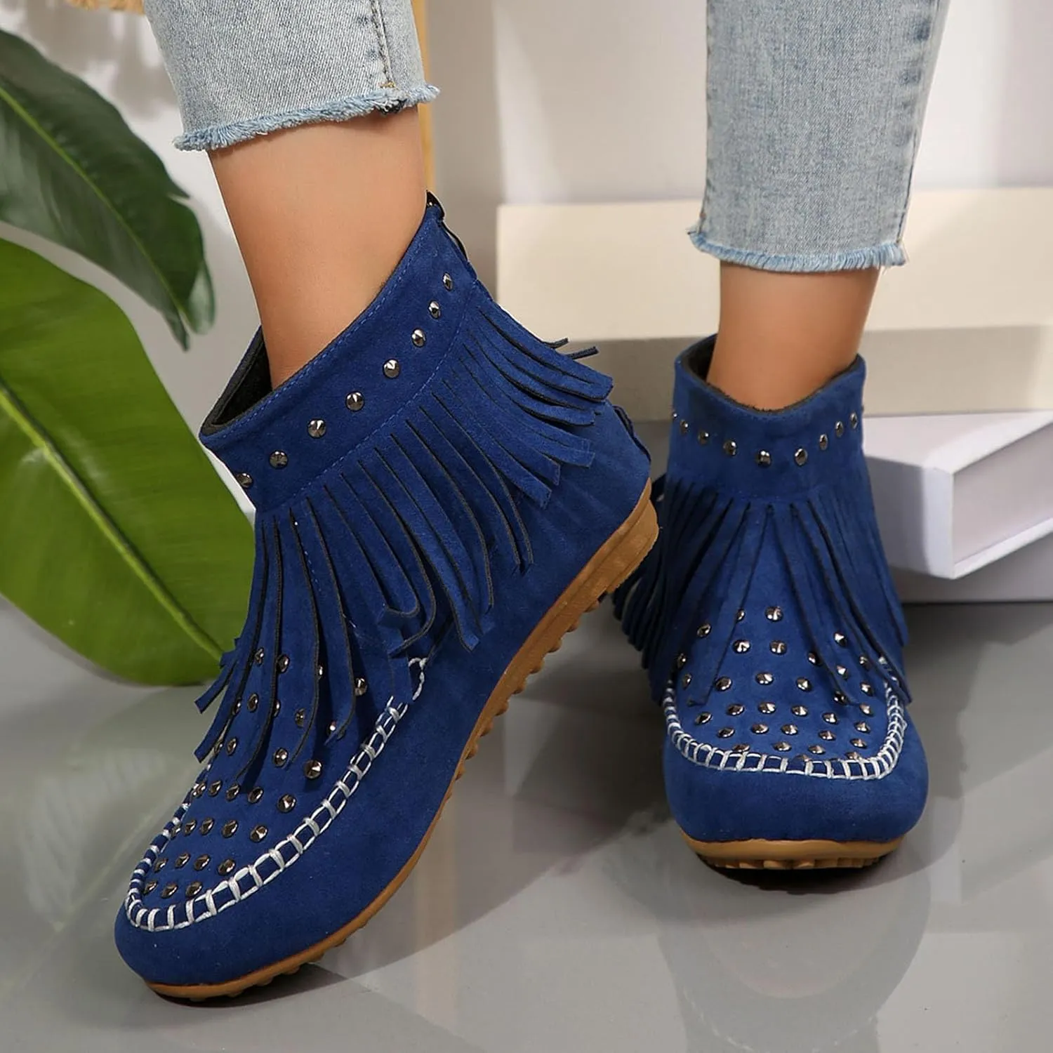 Ankle Boots for Women Flat Side Zip Vintage Womens Cowboy Boots Round Toe Fringe Buckle Straps Studded Western Cowboy Shoes