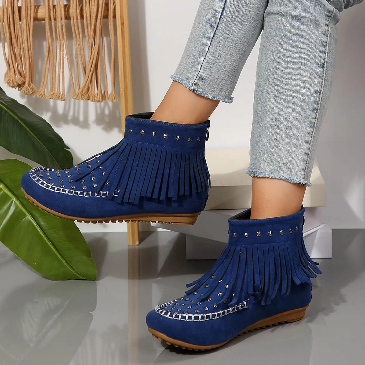 Ankle Boots for Women Flat Side Zip Vintage Womens Cowboy Boots Round Toe Fringe Buckle Straps Studded Western Cowboy Shoes