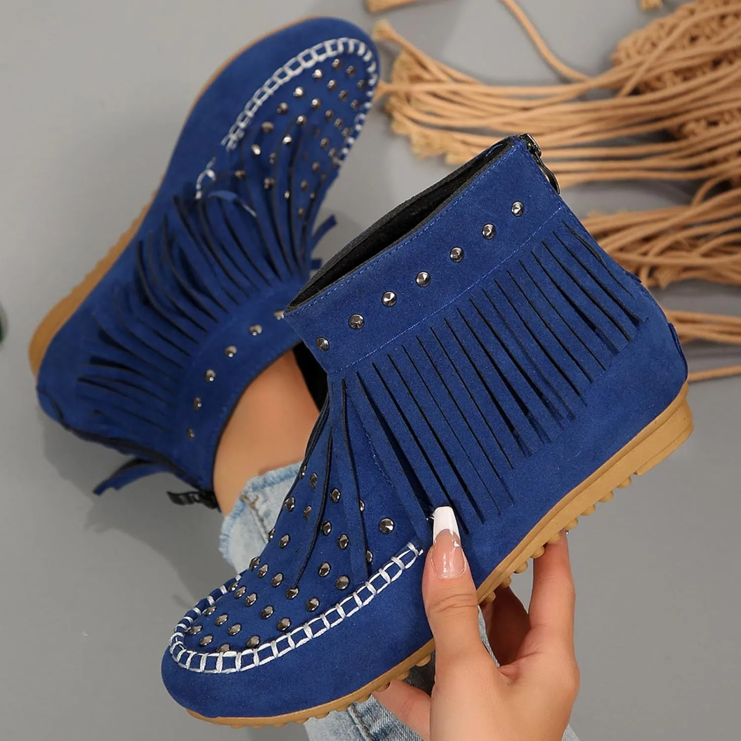 Ankle Boots for Women Flat Side Zip Vintage Womens Cowboy Boots Round Toe Fringe Buckle Straps Studded Western Cowboy Shoes