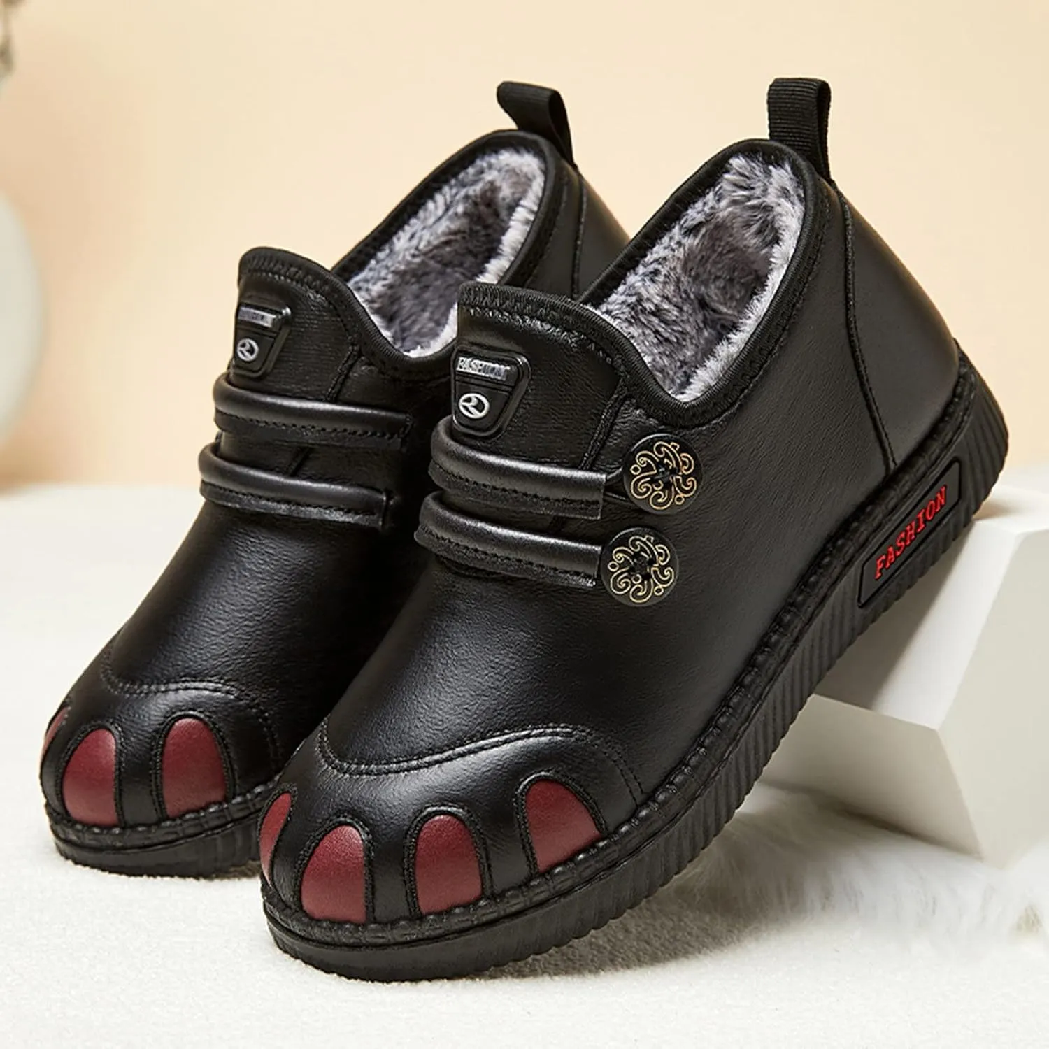 Ankle Boots Women WaterProof Winter Snow Boots for Women Cassic Warm Fur Lined Round Toe Flat Heel Fashion Sneakers Comfortable Shoes for Women Slip On Leather Loafers Soft Sole Arch Support