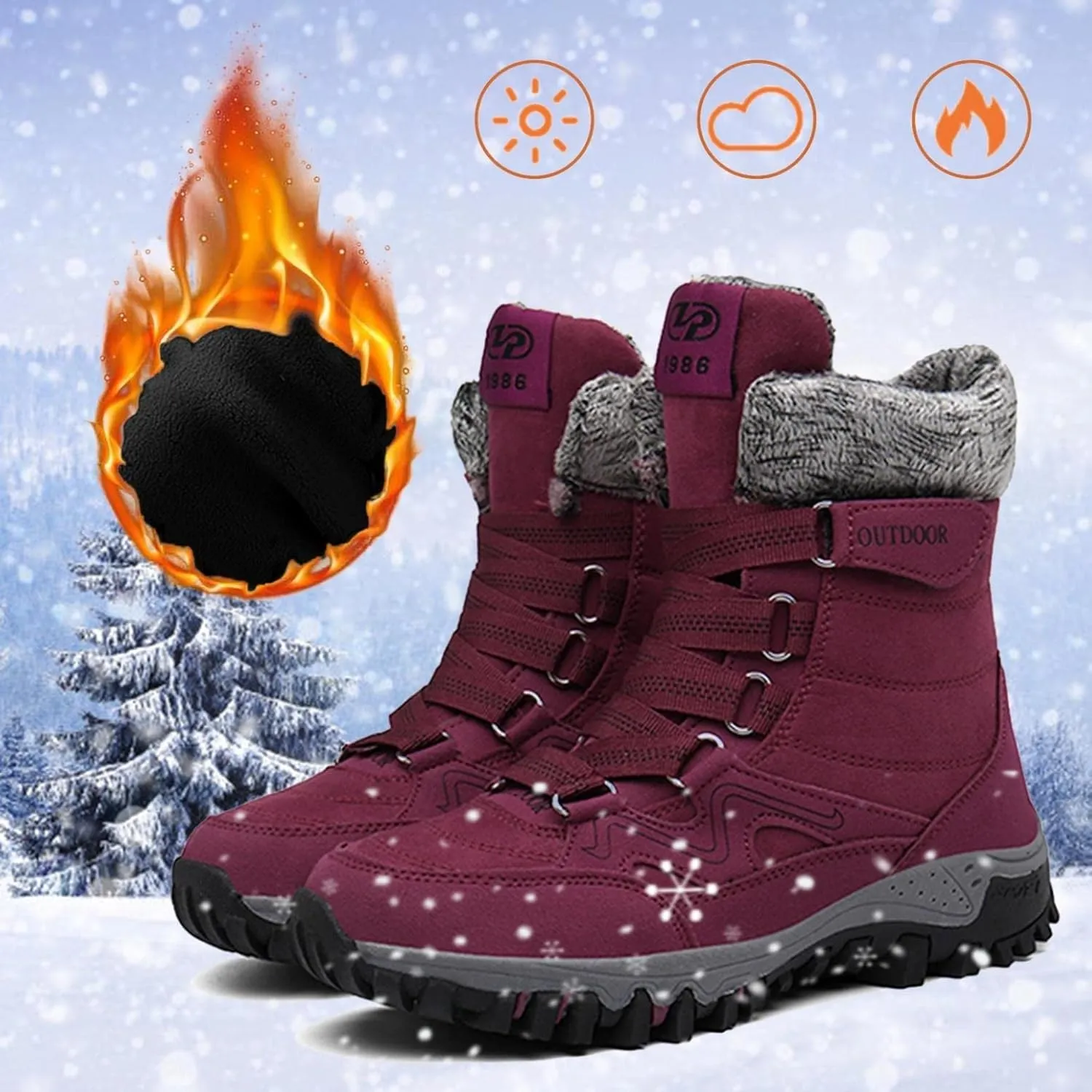 Bcshiye Womens Hiking Boots Winter Mid Calf Snow Boots Warm Ankle Booties Outdoor Hiking Climbing Shoes with Fur Lined
