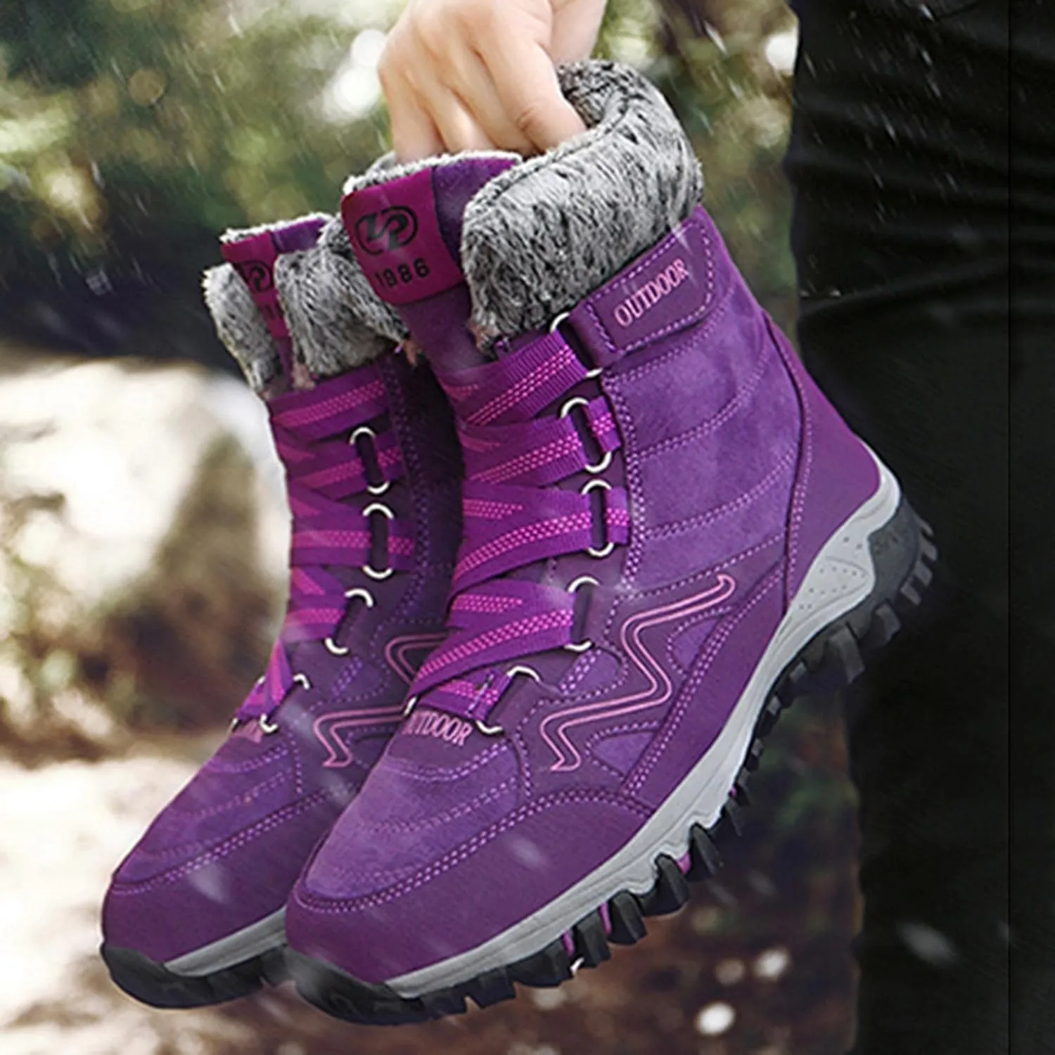 Bcshiye Womens Hiking Boots Winter Mid Calf Snow Boots Warm Ankle Booties Outdoor Hiking Climbing Shoes with Fur Lined