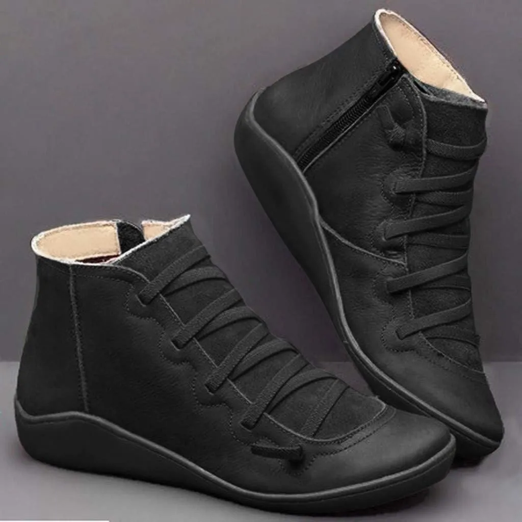 Boots for Women Retro Leather Round Toe Lace up Side Zipper Womens Boots Flat Soft Comfortable Winter Boots for Women