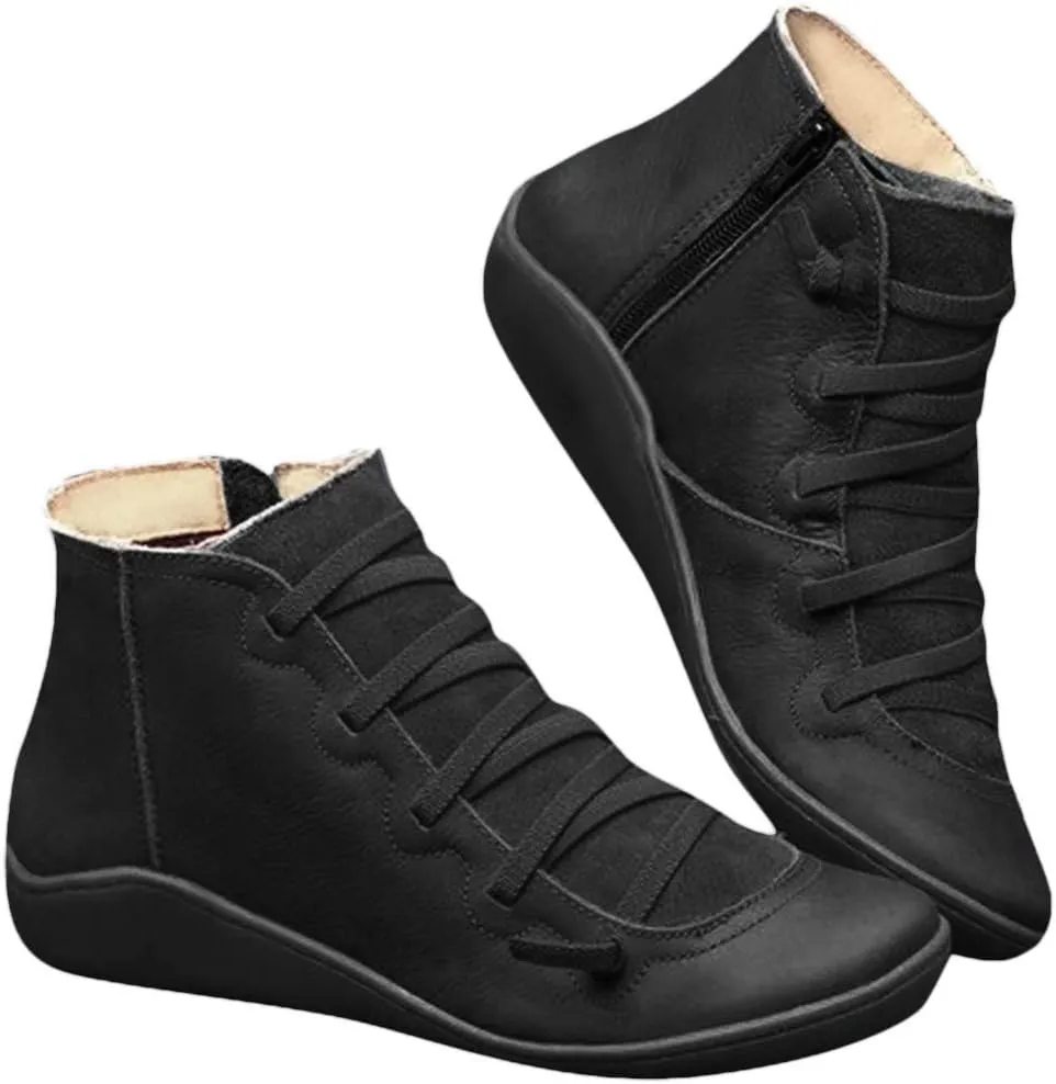 Boots for Women Retro Leather Round Toe Lace up Side Zipper Womens Boots Flat Soft Comfortable Winter Boots for Women