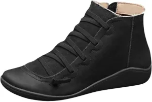 Boots for Women Retro Leather Round Toe Lace up Side Zipper Womens Boots Flat Soft Comfortable Winter Boots for Women