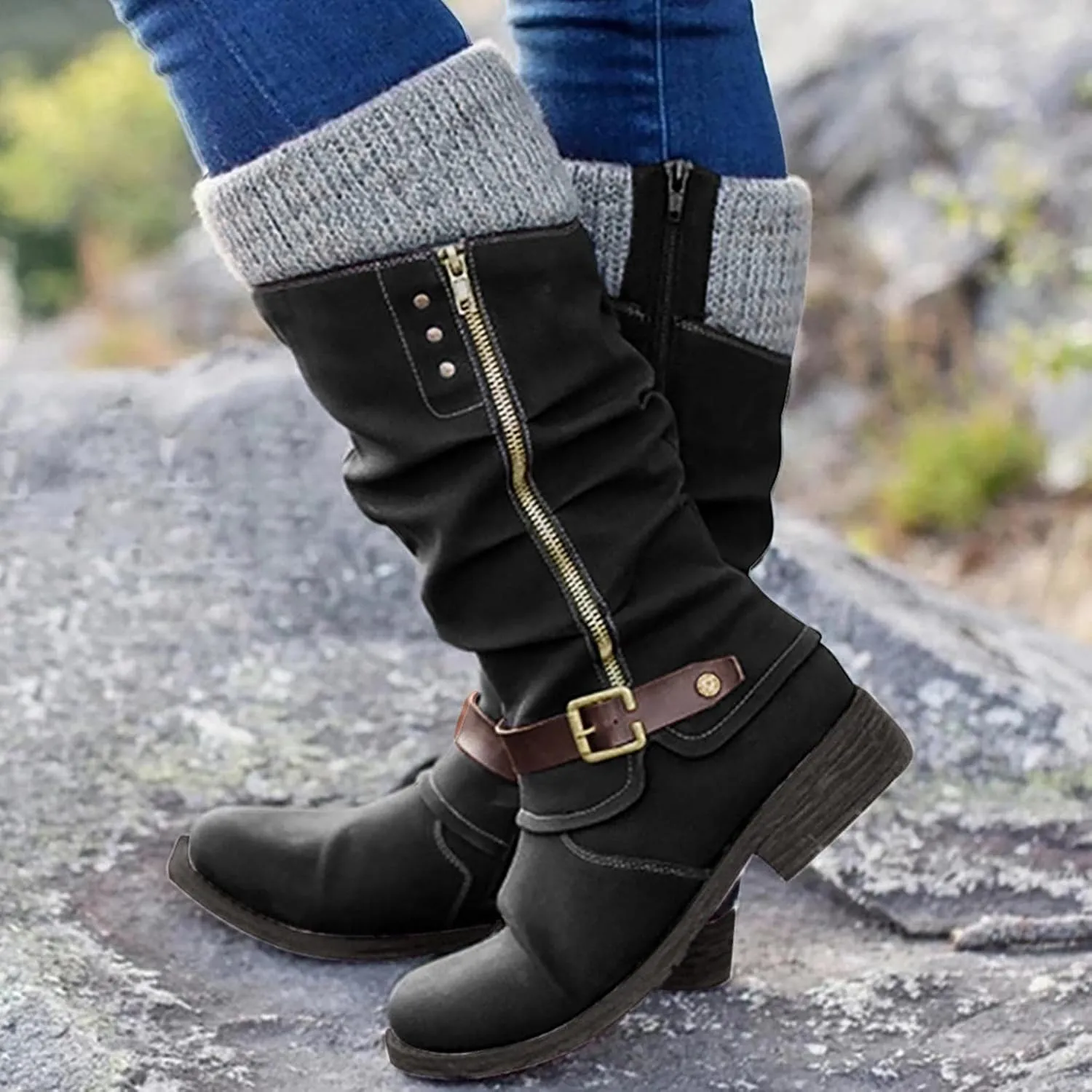 Boots for Women,Over The Knee Boots Combat Style Hiking Boots Motorcycle Boots Classic Lace Up Low Heel Shoes Retro Shoes