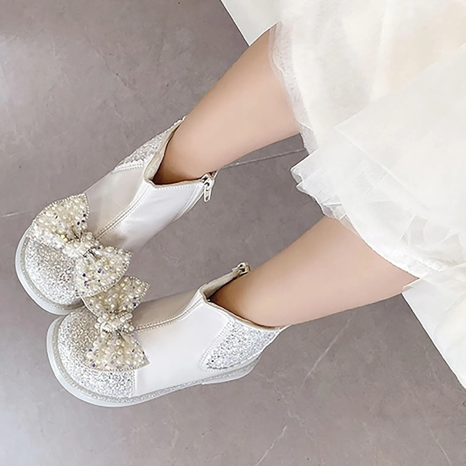 Bow Sequins Booties For Girls Kids Childrens Leather Soft Sole Flat Boots Shoes Outdoor Cute Side Zipper Comfy Loafers