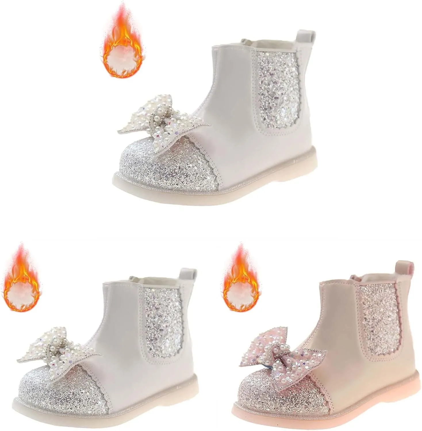 Bow Sequins Booties For Girls Kids Childrens Leather Soft Sole Flat Boots Shoes Outdoor Cute Side Zipper Comfy Loafers