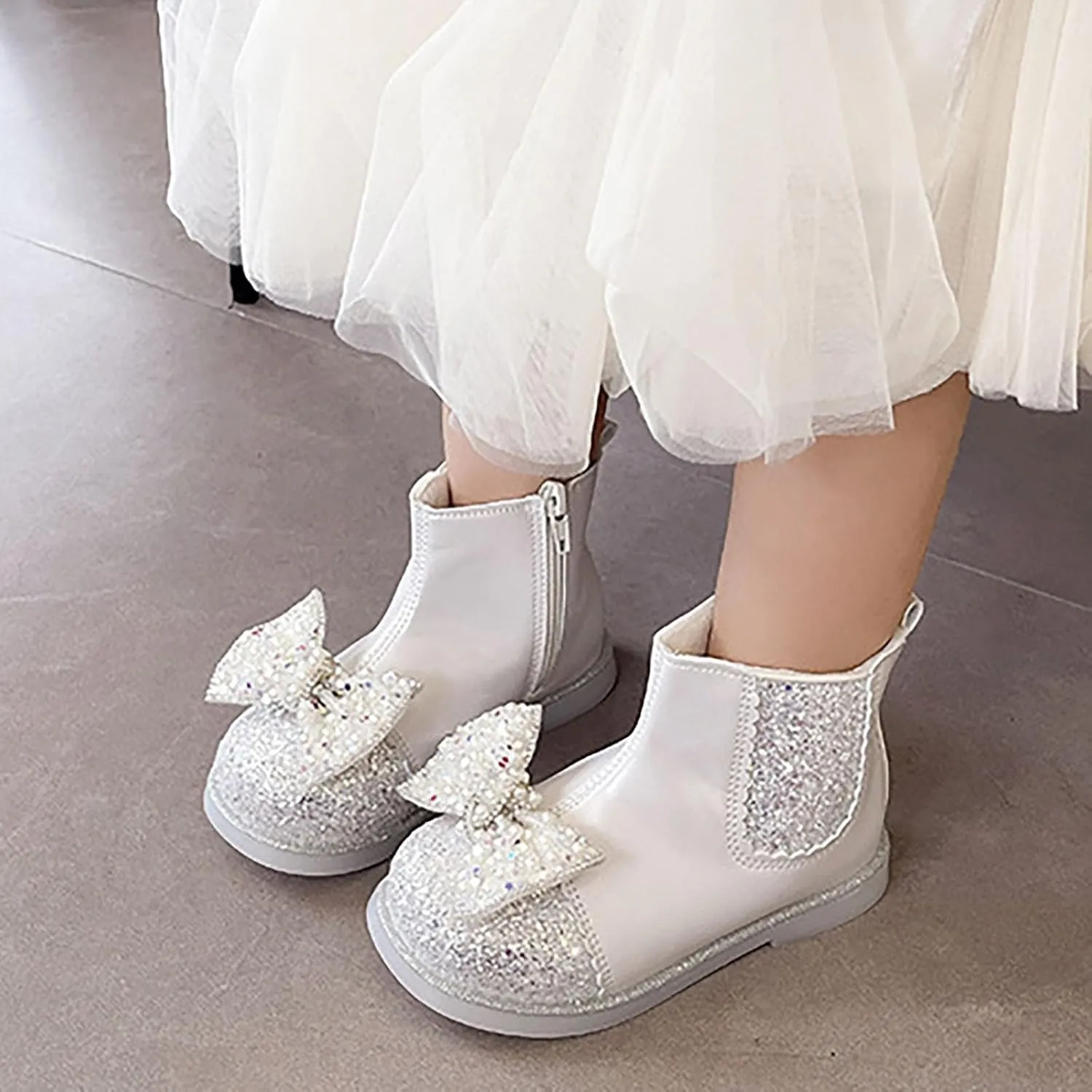 Bow Sequins Booties For Girls Kids Childrens Leather Soft Sole Flat Boots Shoes Outdoor Cute Side Zipper Comfy Loafers