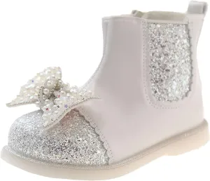 Bow Sequins Booties For Girls Kids Childrens Leather Soft Sole Flat Boots Shoes Outdoor Cute Side Zipper Comfy Loafers