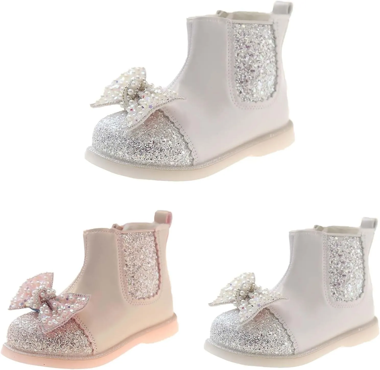 Bow Sequins Booties For Girls Kids Childrens Leather Soft Sole Flat Boots Shoes Outdoor Cute Side Zipper Comfy Loafers