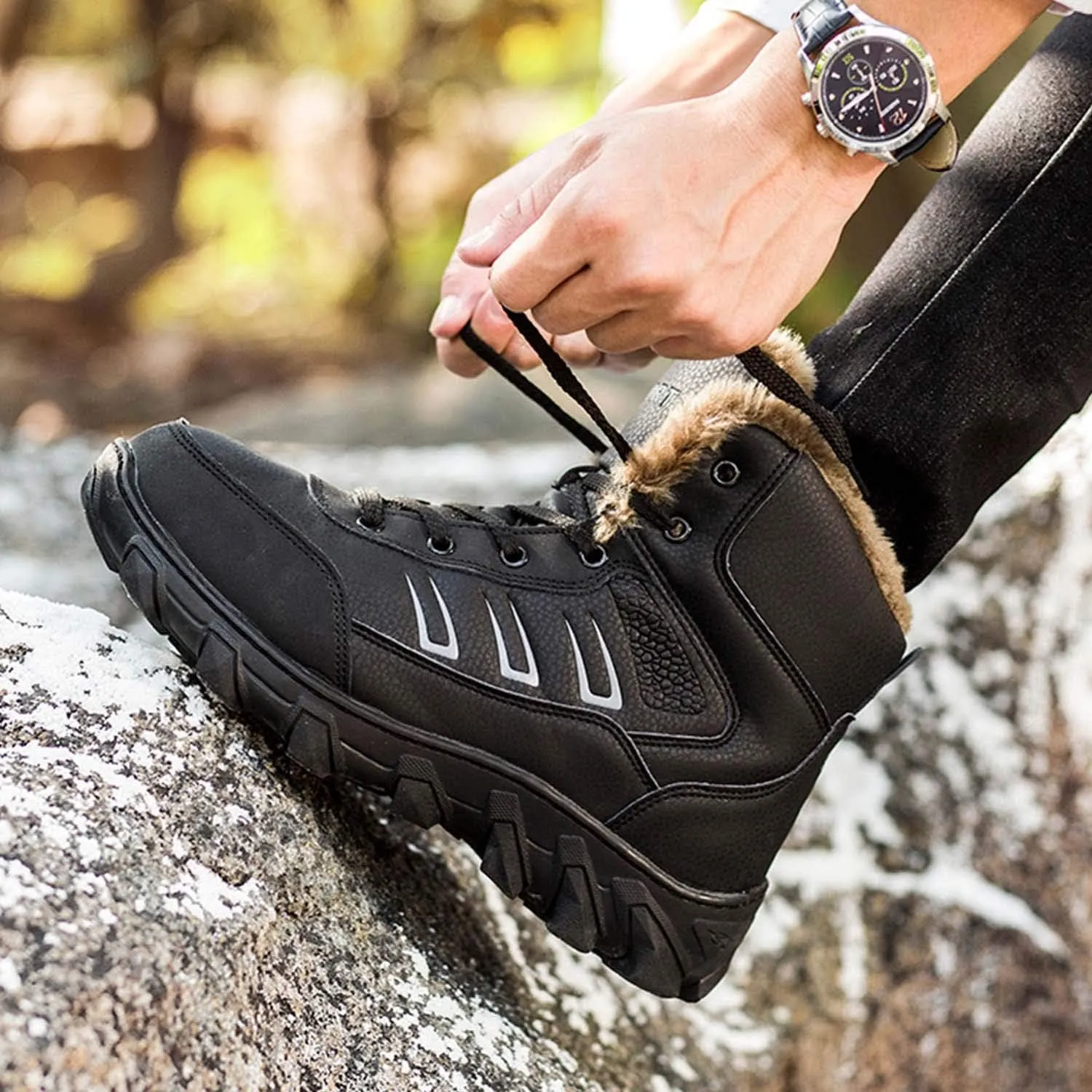 CERYTHRINA Mens Snow Boots Waterproof High-Top Warm Fur Lining Leather Trekking Hiking Boots
