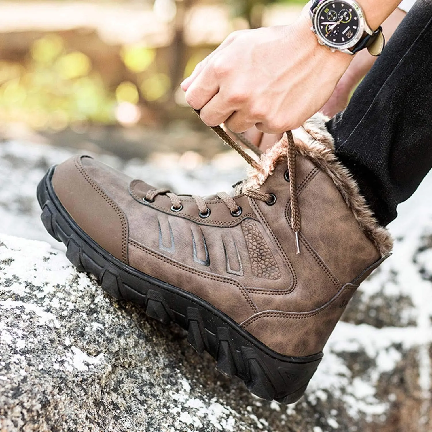 CERYTHRINA Mens Snow Boots Waterproof High-Top Warm Fur Lining Leather Trekking Hiking Boots