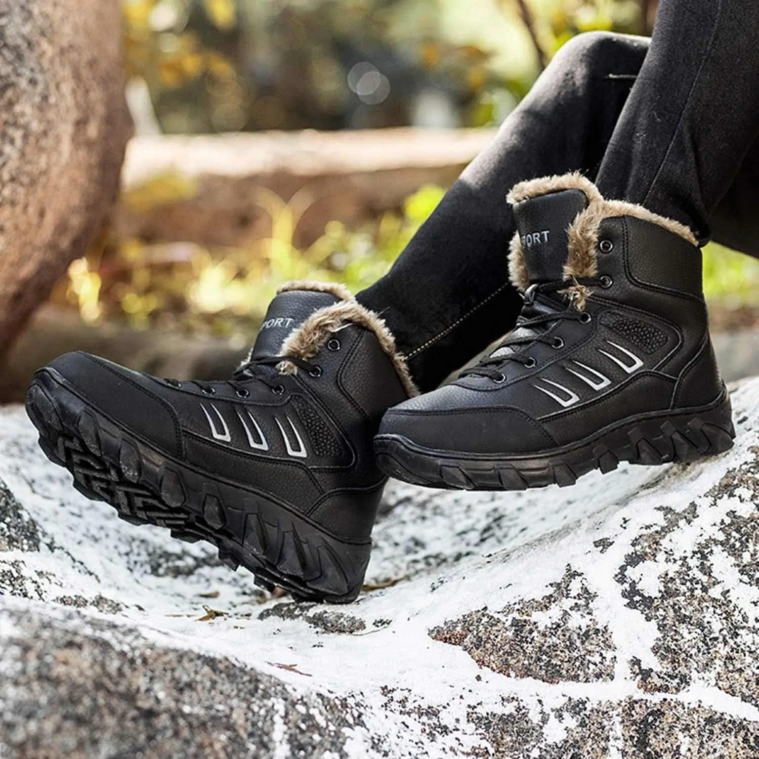 CERYTHRINA Mens Snow Boots Waterproof High-Top Warm Fur Lining Leather Trekking Hiking Boots