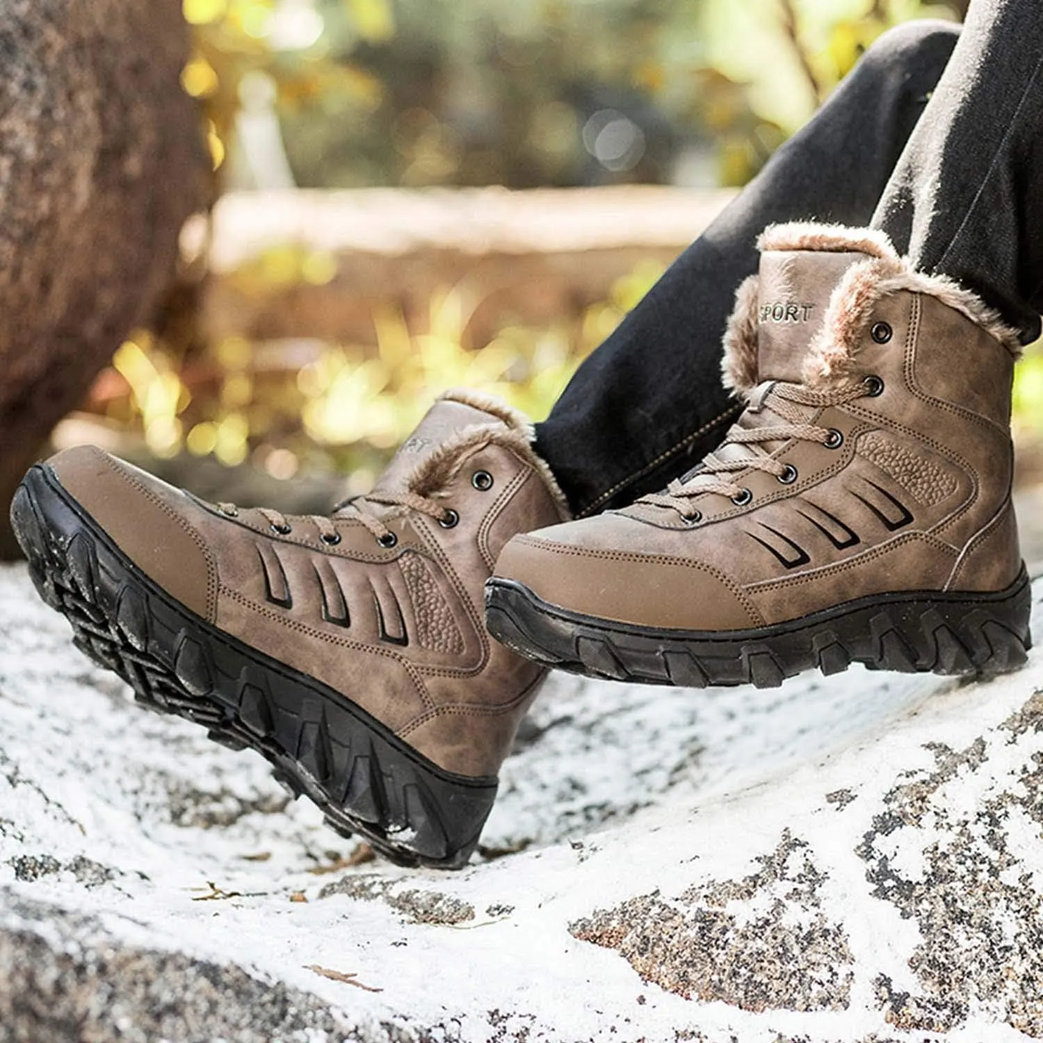 CERYTHRINA Mens Snow Boots Waterproof High-Top Warm Fur Lining Leather Trekking Hiking Boots