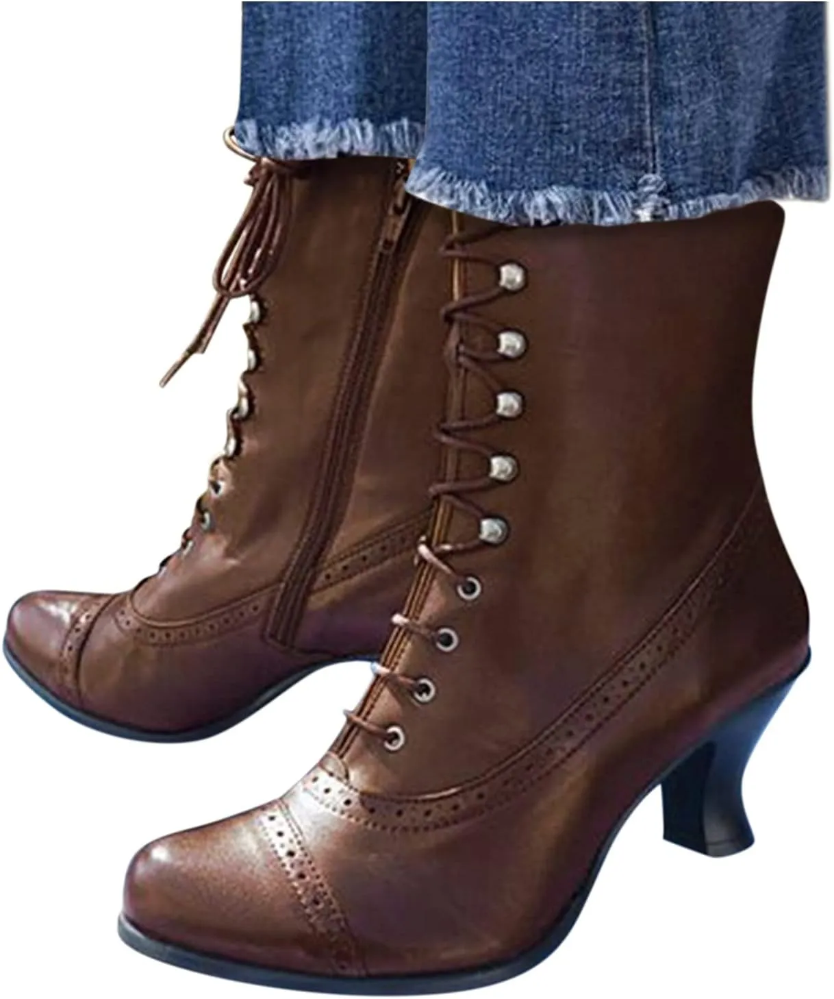 Cowboy Boots for Women, Womens Vintage Renaissance Boots Victorian Mid Calf Boots Costume Lace Up High Heels