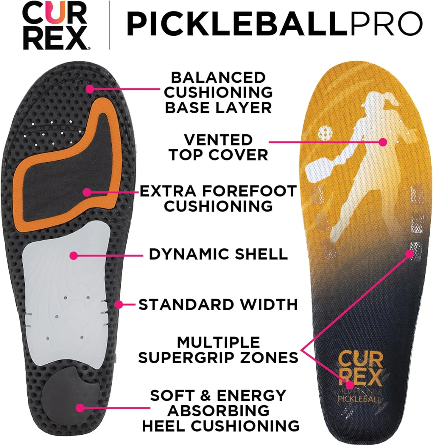 CURREX PICKLEBALLPRO Insoles for Pickleball Shoes – Arch Support Inserts w/Super Grip Surface & Premium Heel Cushioning, Helps Improve Foot Stability – for Men & Women– High Arch, Large