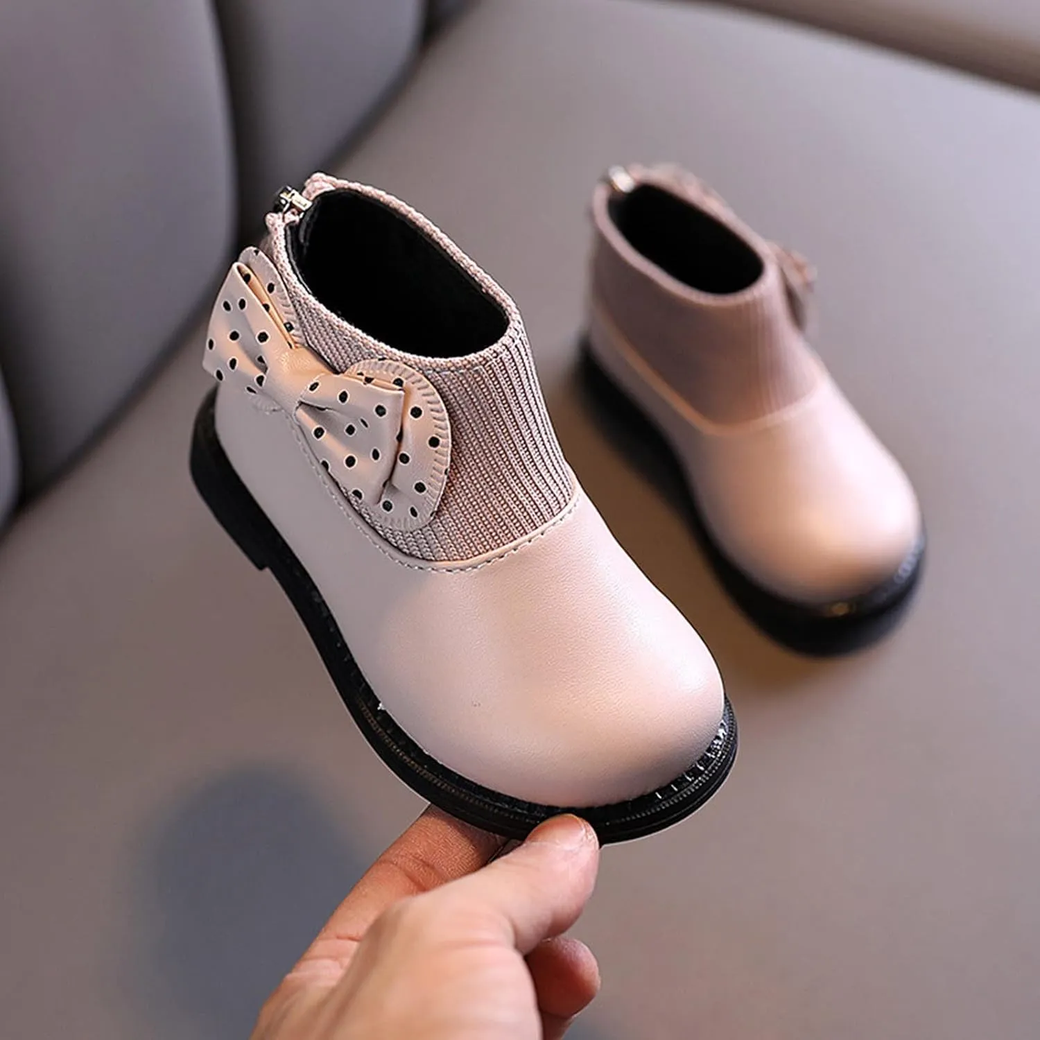 Fashion Autumn and Winter Girls Boots Round Toe Flat Sole Thick Sole Non Slip Back Zipper Cute Polka Girl Shoes Size 13