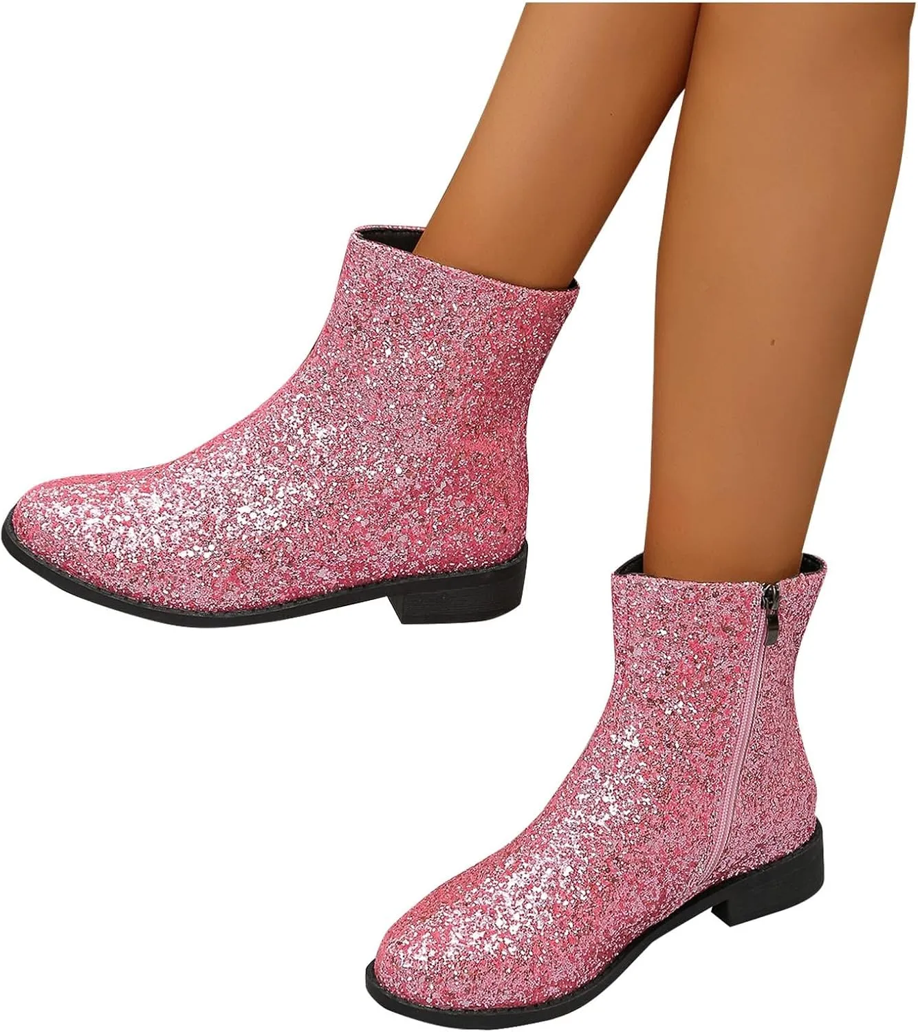 Fashion Glitter Ankle Boots Women Sparkly Zipper Low Heel Booties Shoes Round Toe Sequin Short Boot Mid Calf Bootie Wide Width Booties For Women Todays Deals In Clearance