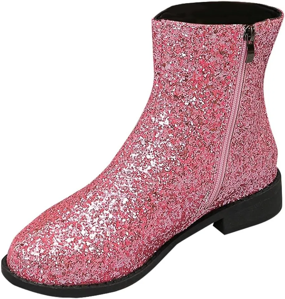 Fashion Glitter Ankle Boots Women Sparkly Zipper Low Heel Booties Shoes Round Toe Sequin Short Boot Mid Calf Bootie Wide Width Booties For Women Todays Deals In Clearance