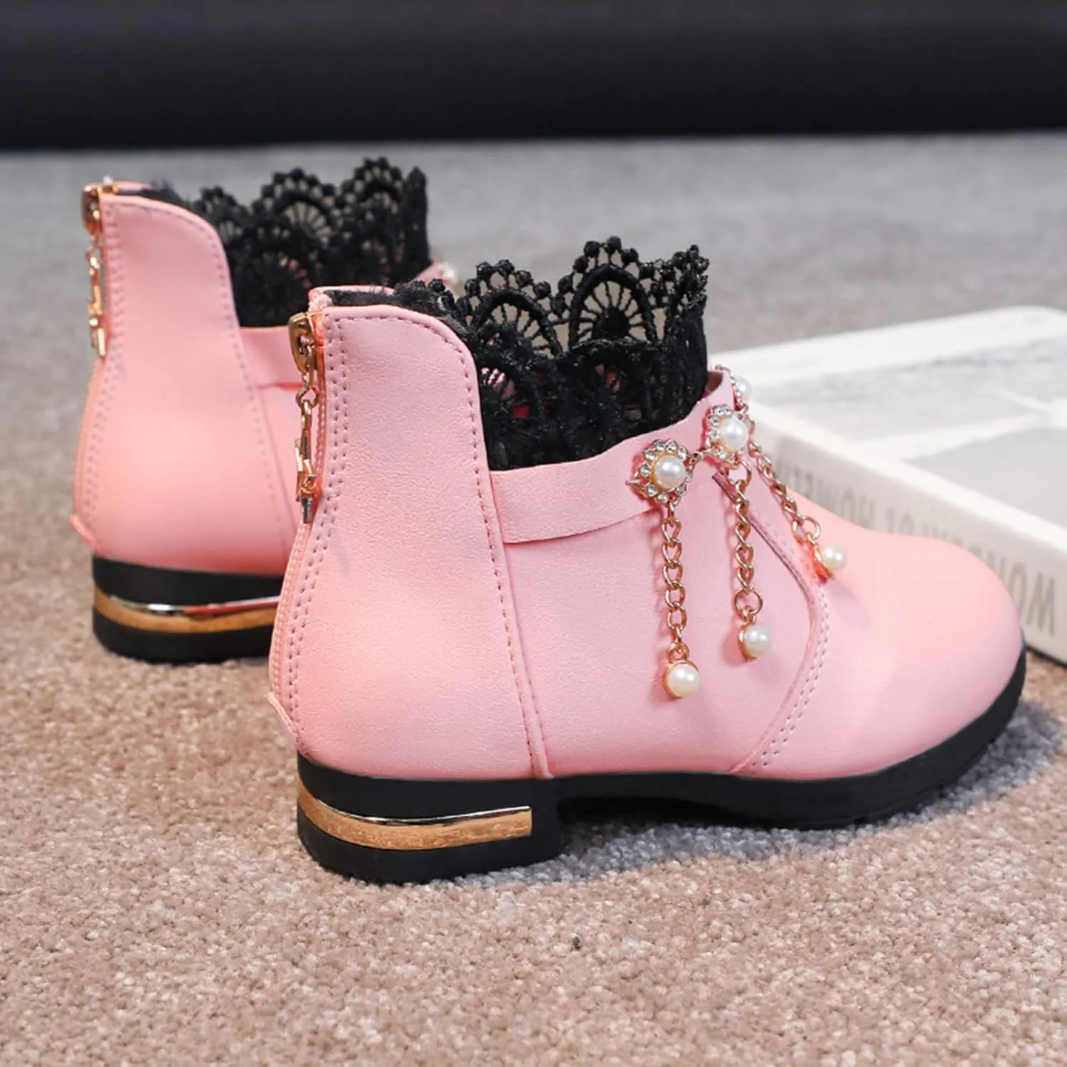 Girl Boots Kids Ankle Boots Pearls Zipper Boots Low Heel Short Booties Anti-Slip Shoes Dressy Shoes for Kids