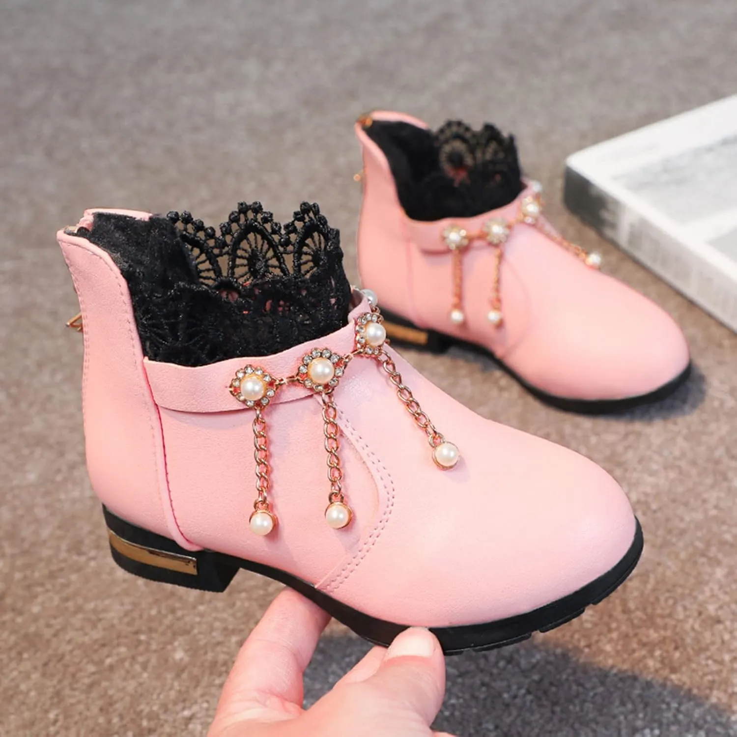 Girl Boots Kids Ankle Boots Pearls Zipper Boots Low Heel Short Booties Anti-Slip Shoes Dressy Shoes for Kids