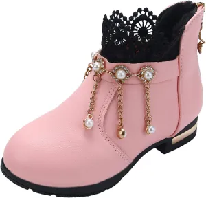 Girl Boots Kids Ankle Boots Pearls Zipper Boots Low Heel Short Booties Anti-Slip Shoes Dressy Shoes for Kids