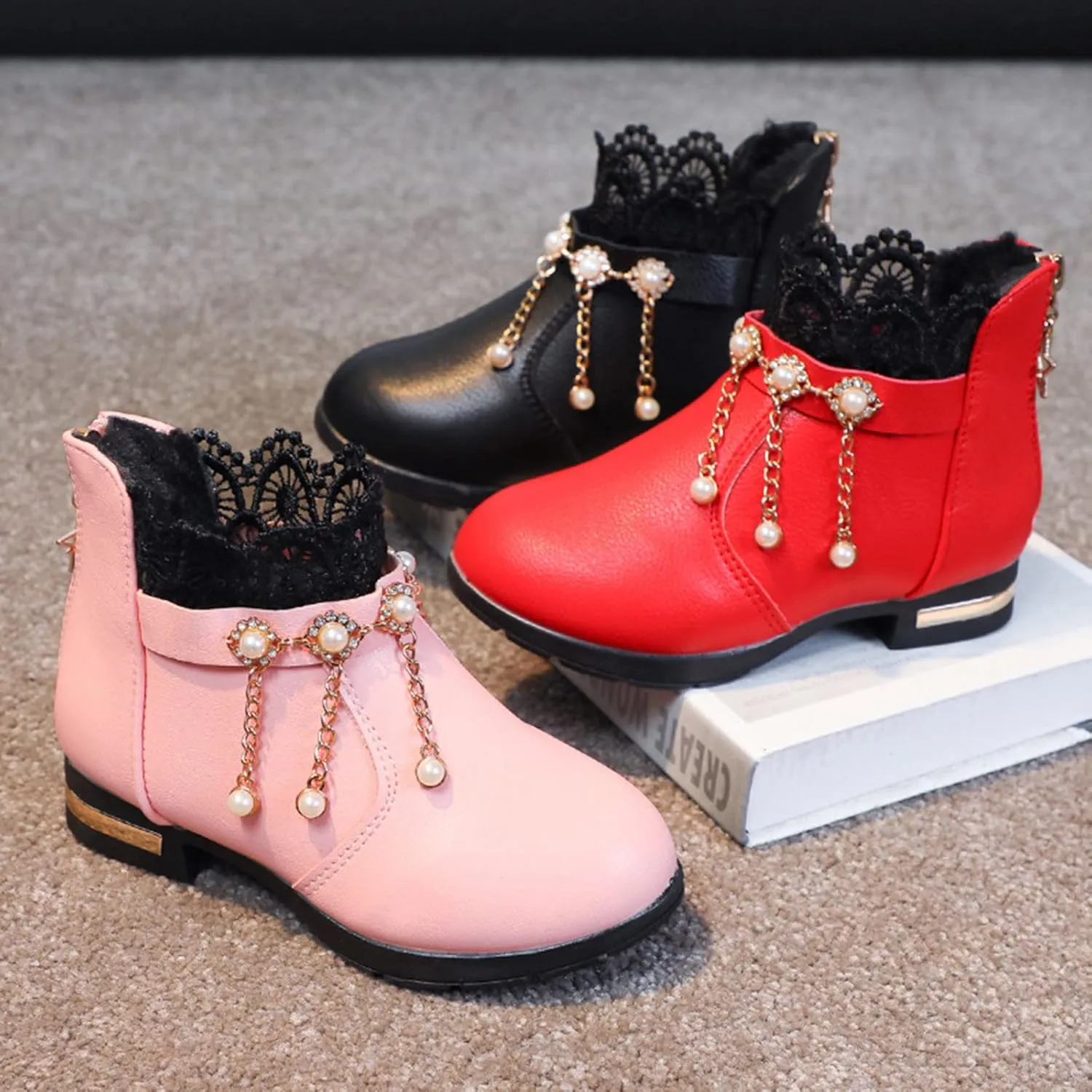 Girl Boots Kids Ankle Boots Pearls Zipper Boots Low Heel Short Booties Anti-Slip Shoes Dressy Shoes for Kids